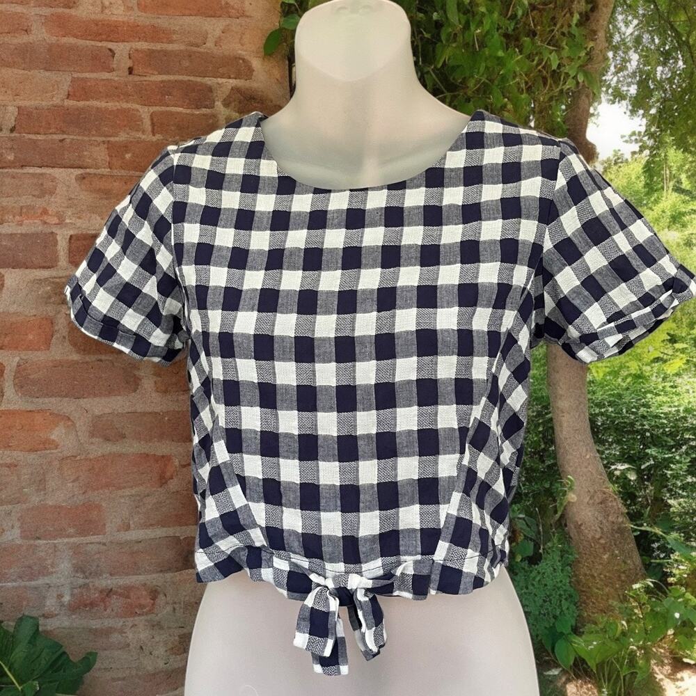 Maddie Navy Blue and White Gingam Front Tie Pull-over Blouse Size Large Summer ￼